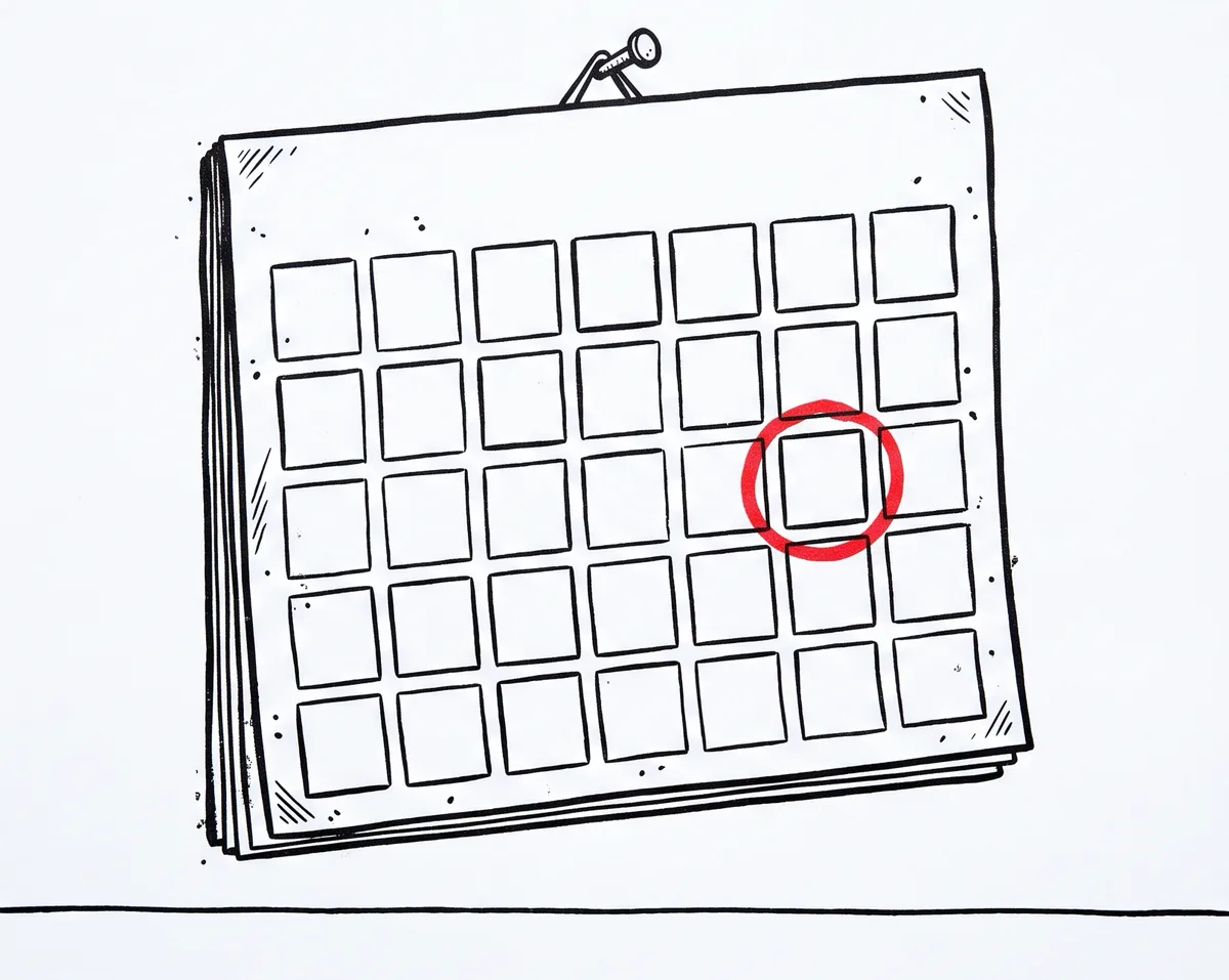 Un calendario da muro appeso a un chiodo, tutte le caselle vuote, una casella cerchiata a mano in rosso.